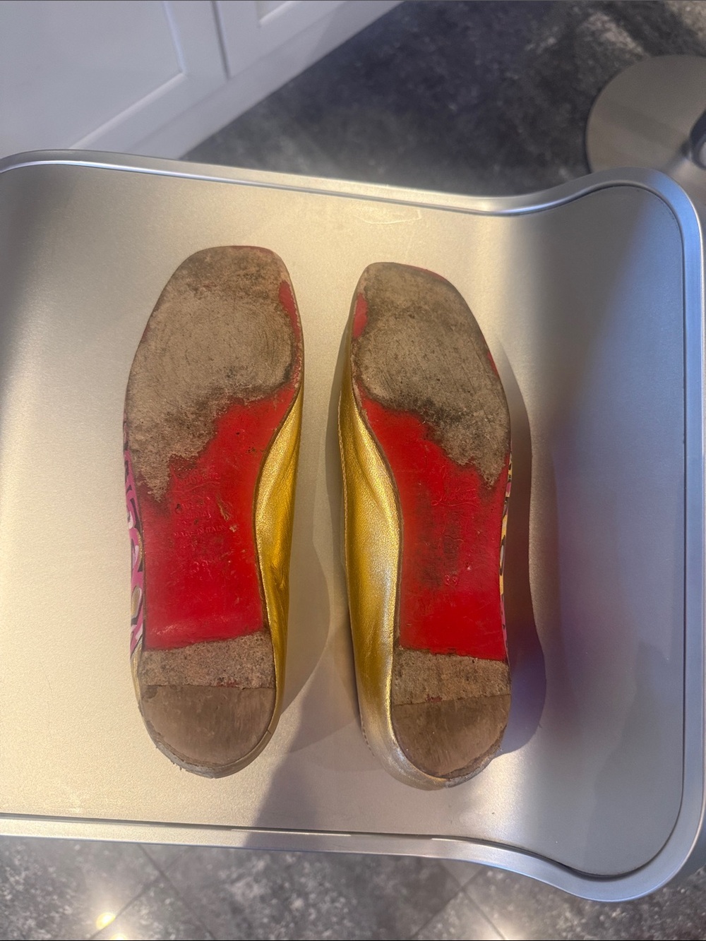 Christian Louboutin Gold and Pink Graffiti Ballet Flats - Picture 8 of 9